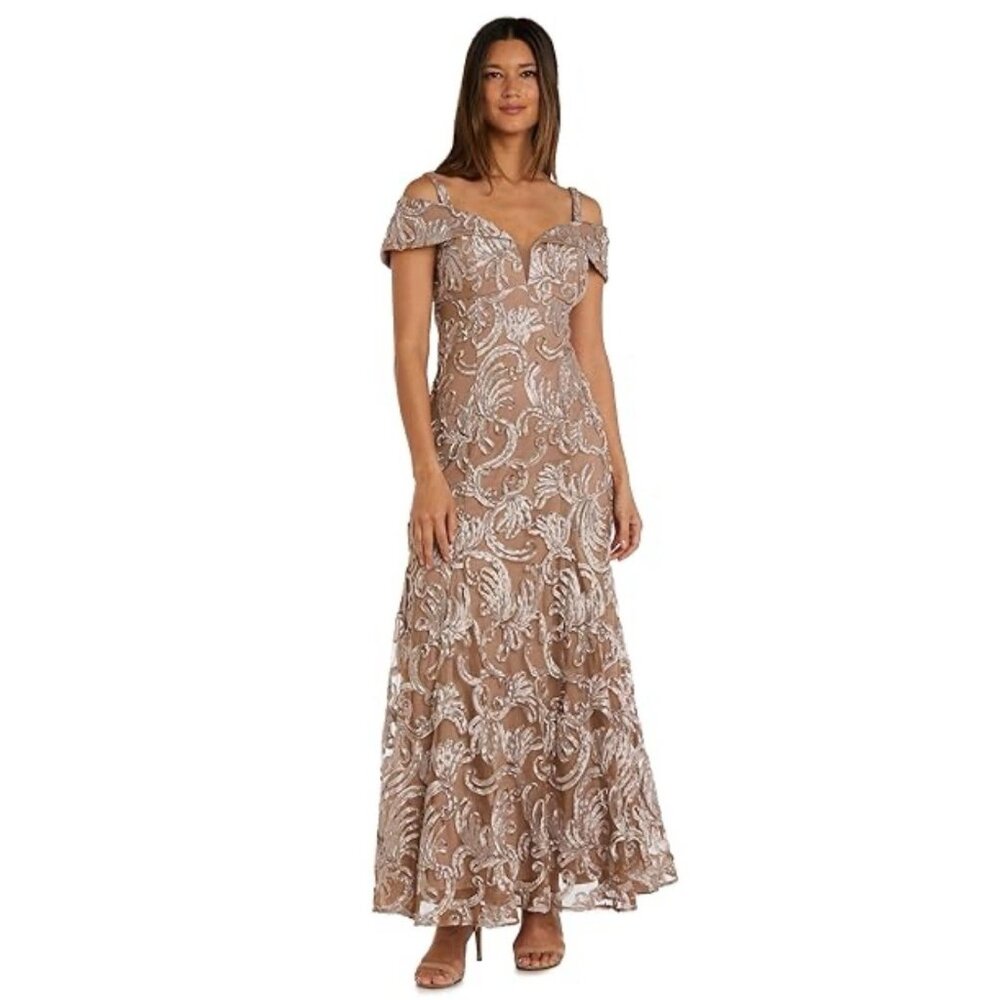 R & M Richards Sequin Gown 12 Latte Champagne Formal Wedding Guest Gala NEW